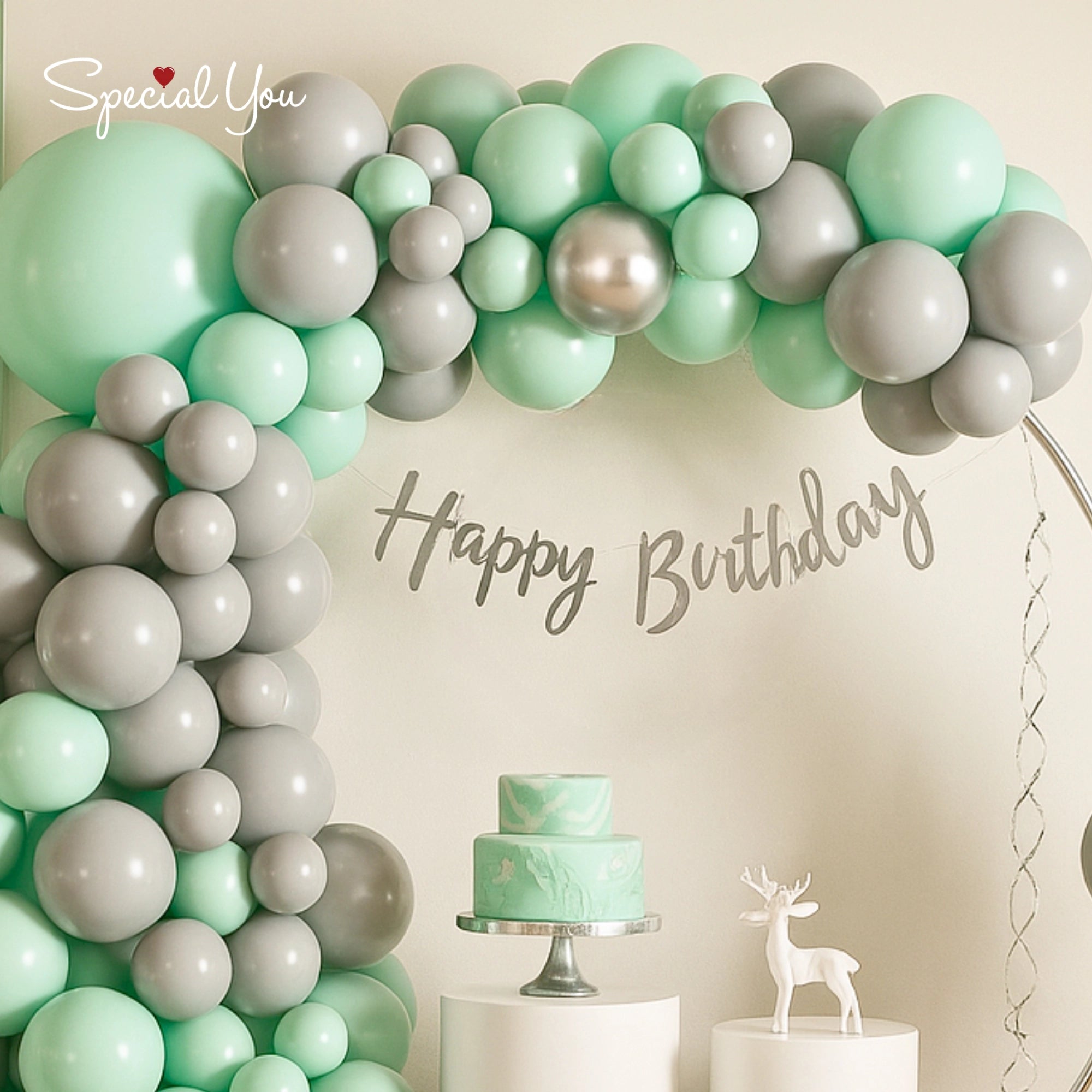 Green & Silver Balloon Arch Birthday Decor