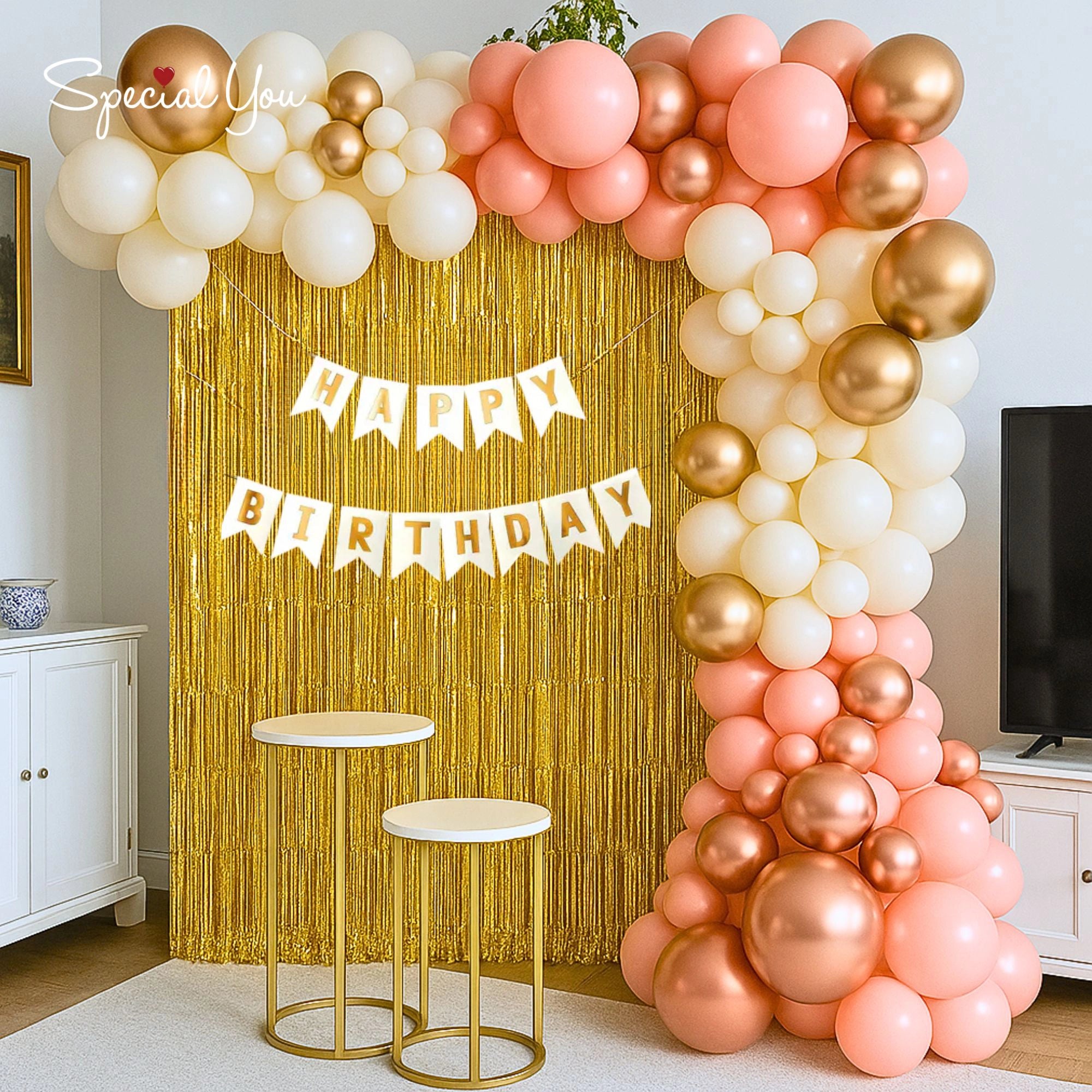 Peach & Gold Birthday Decor with Golden Backdrop