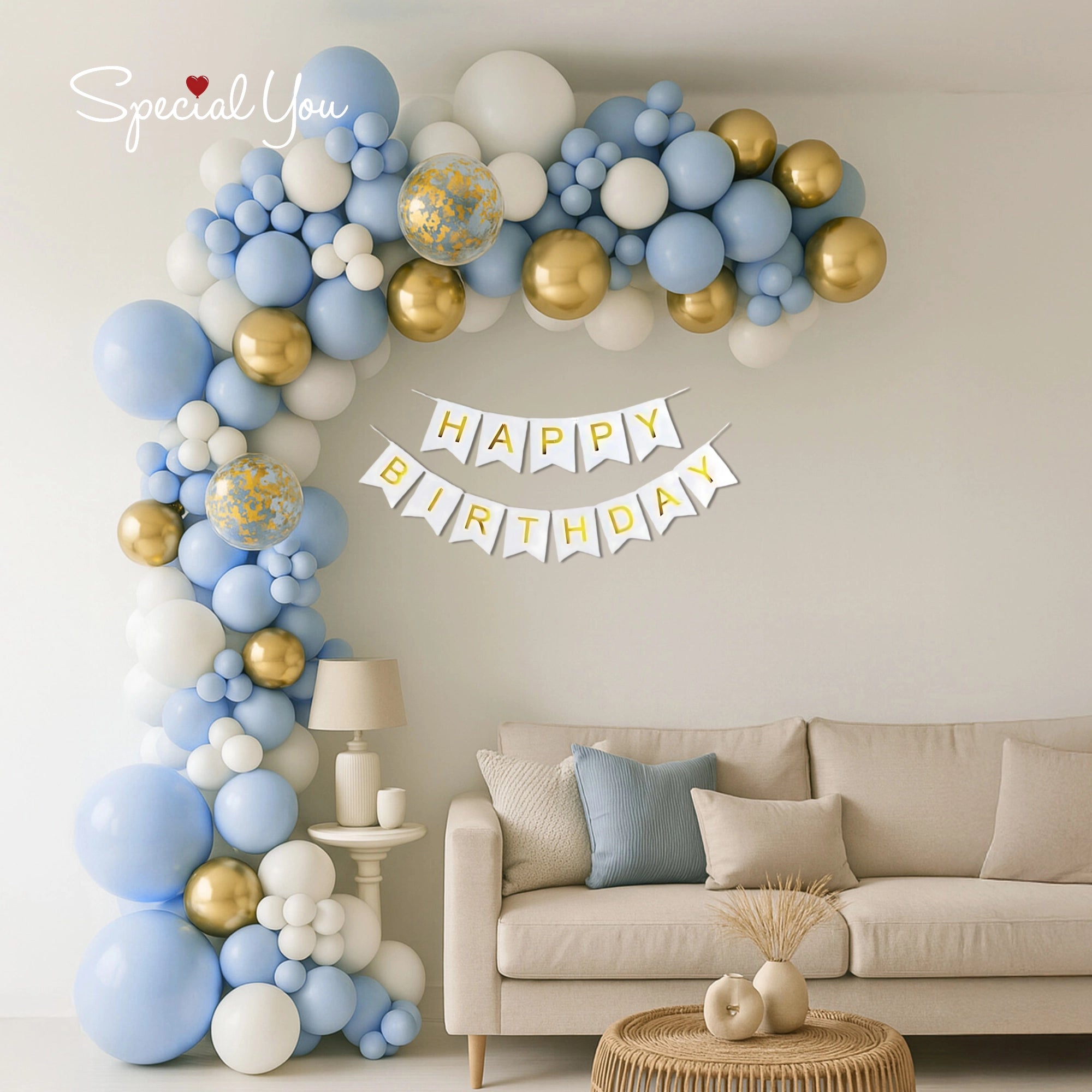 Blue & Gold Balloon Arch Decor