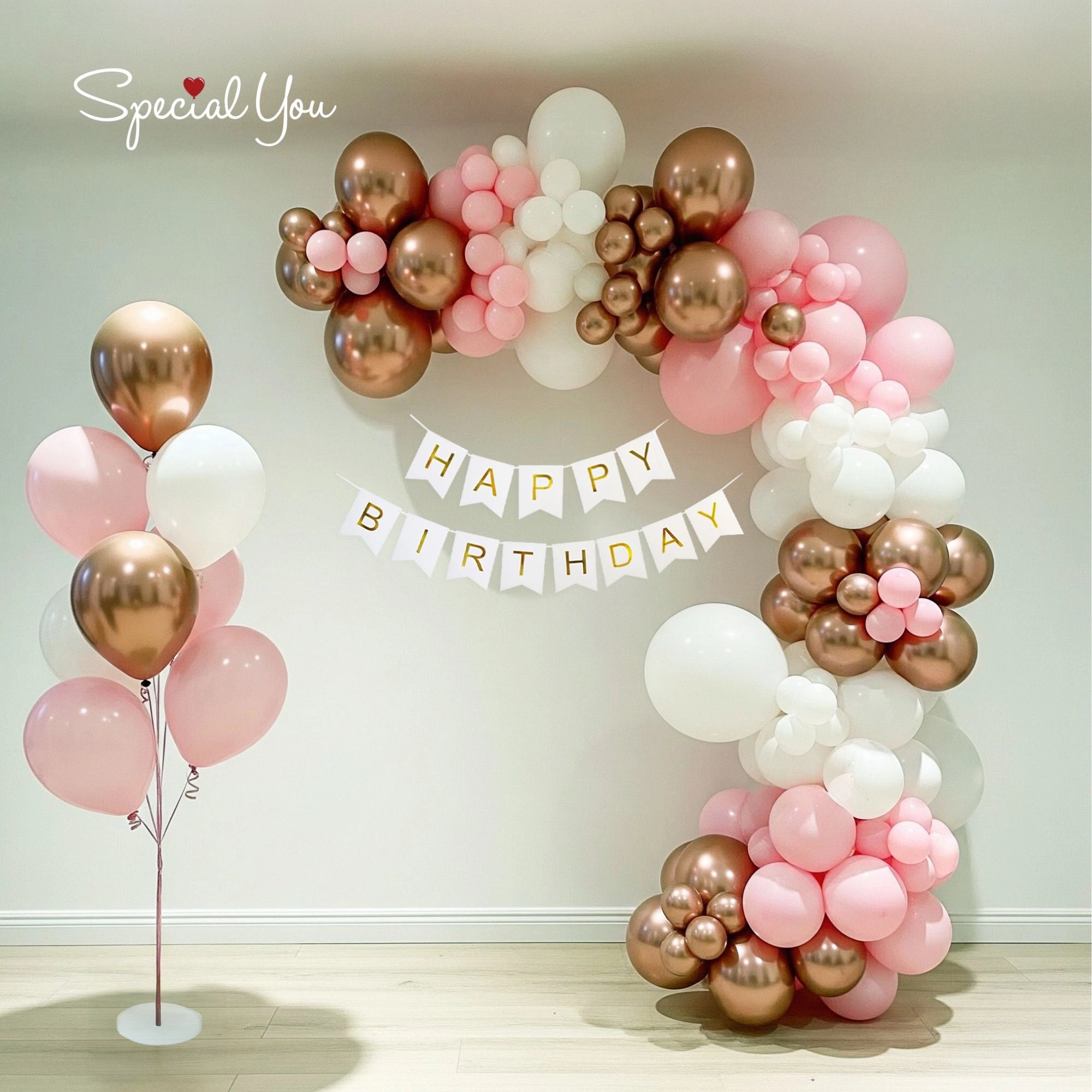 Pink & Golden Birthday Balloon Arch Decor
