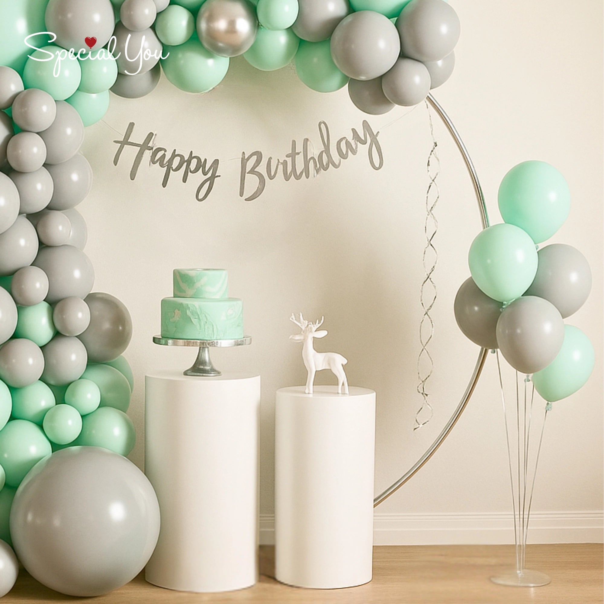 Green & Silver Balloon Arch Birthday Decor