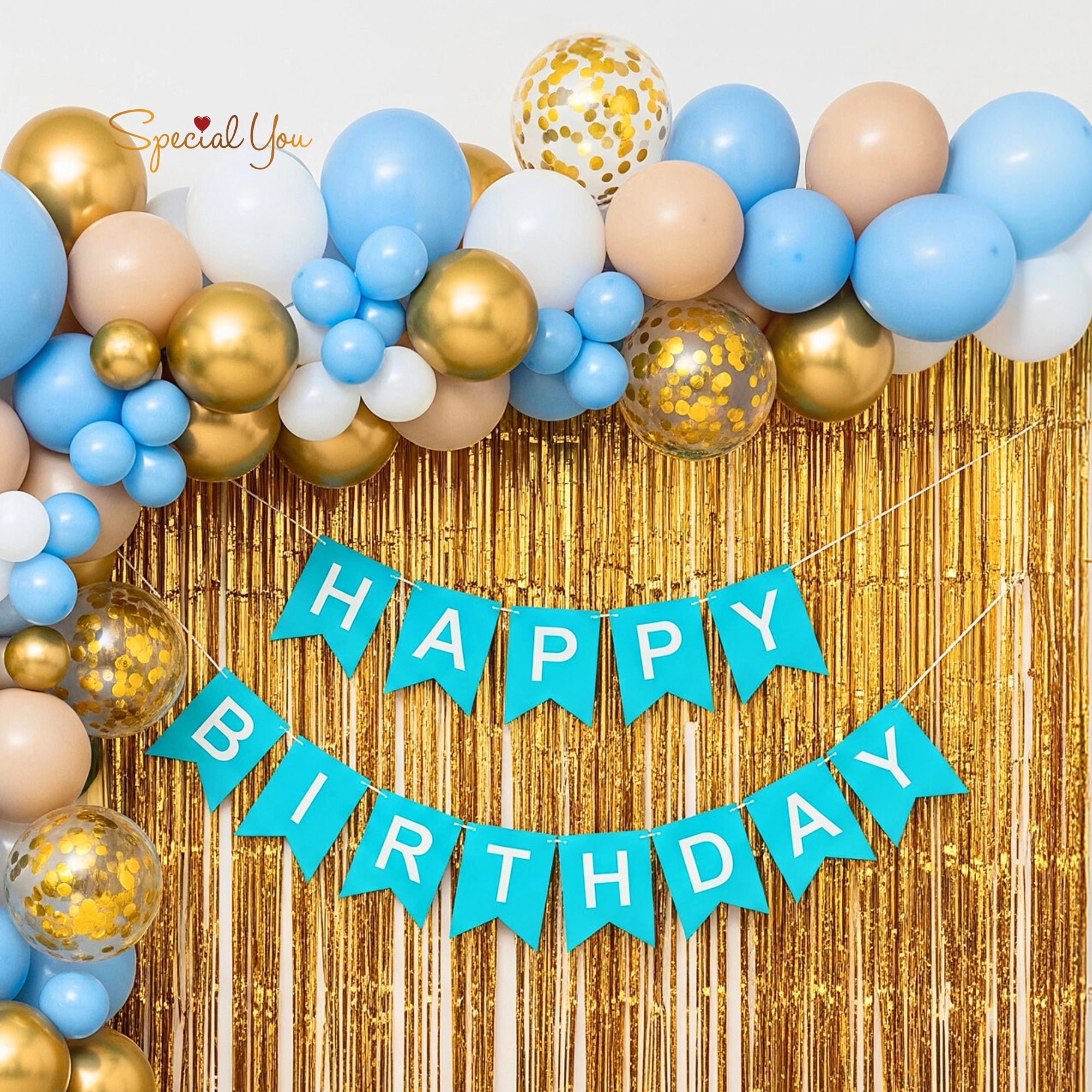 Blue & Gold Birthday Balloon Arch Decor