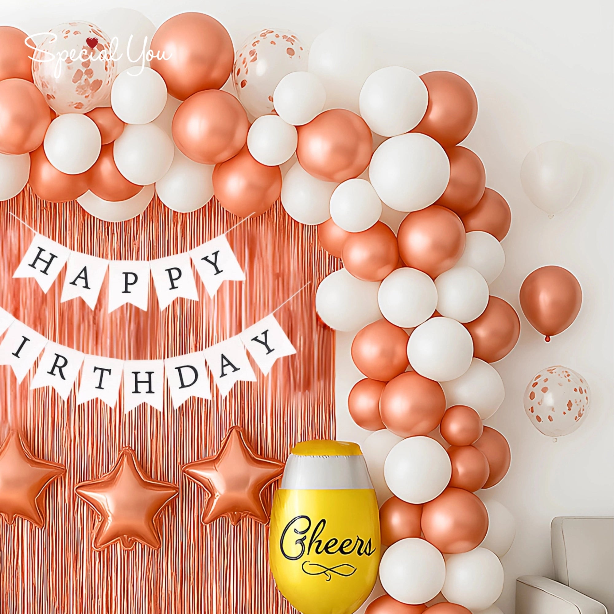 Rose Gold & White with Cheers Decor