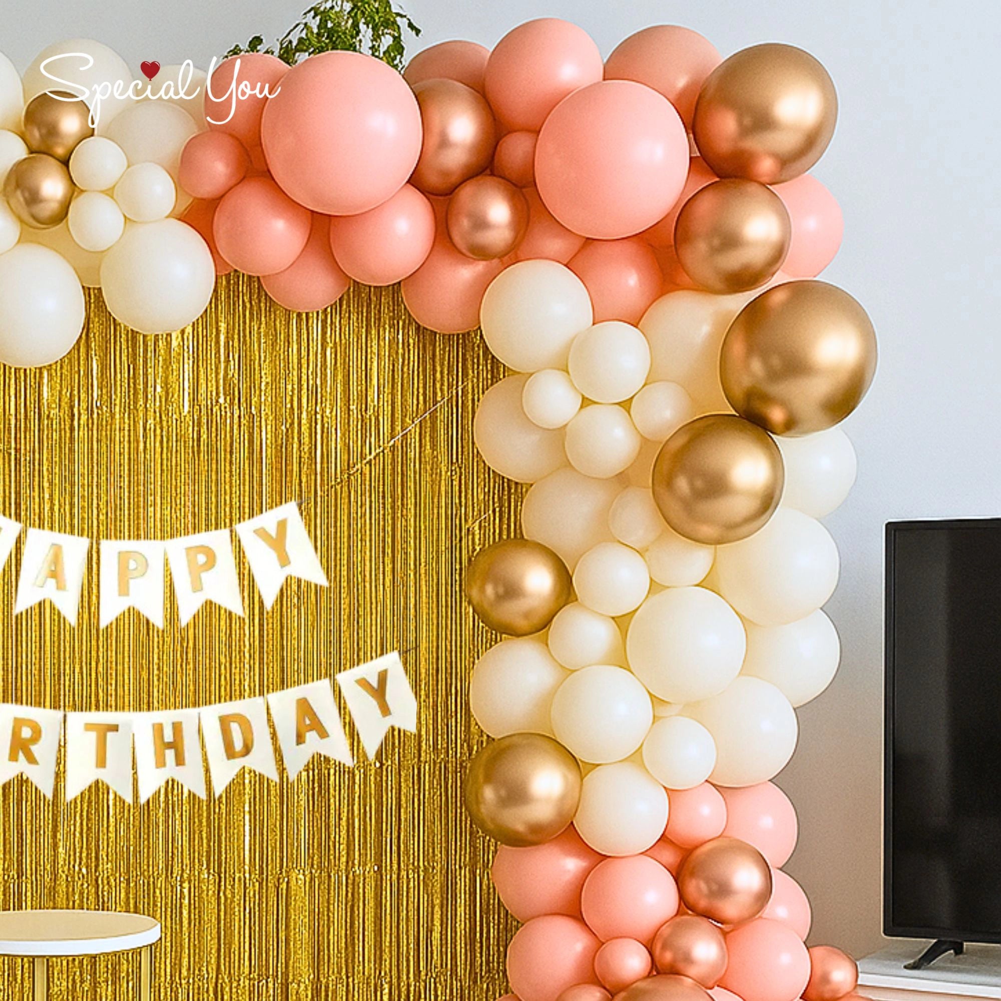Peach & Gold Birthday Decor with Golden Backdrop