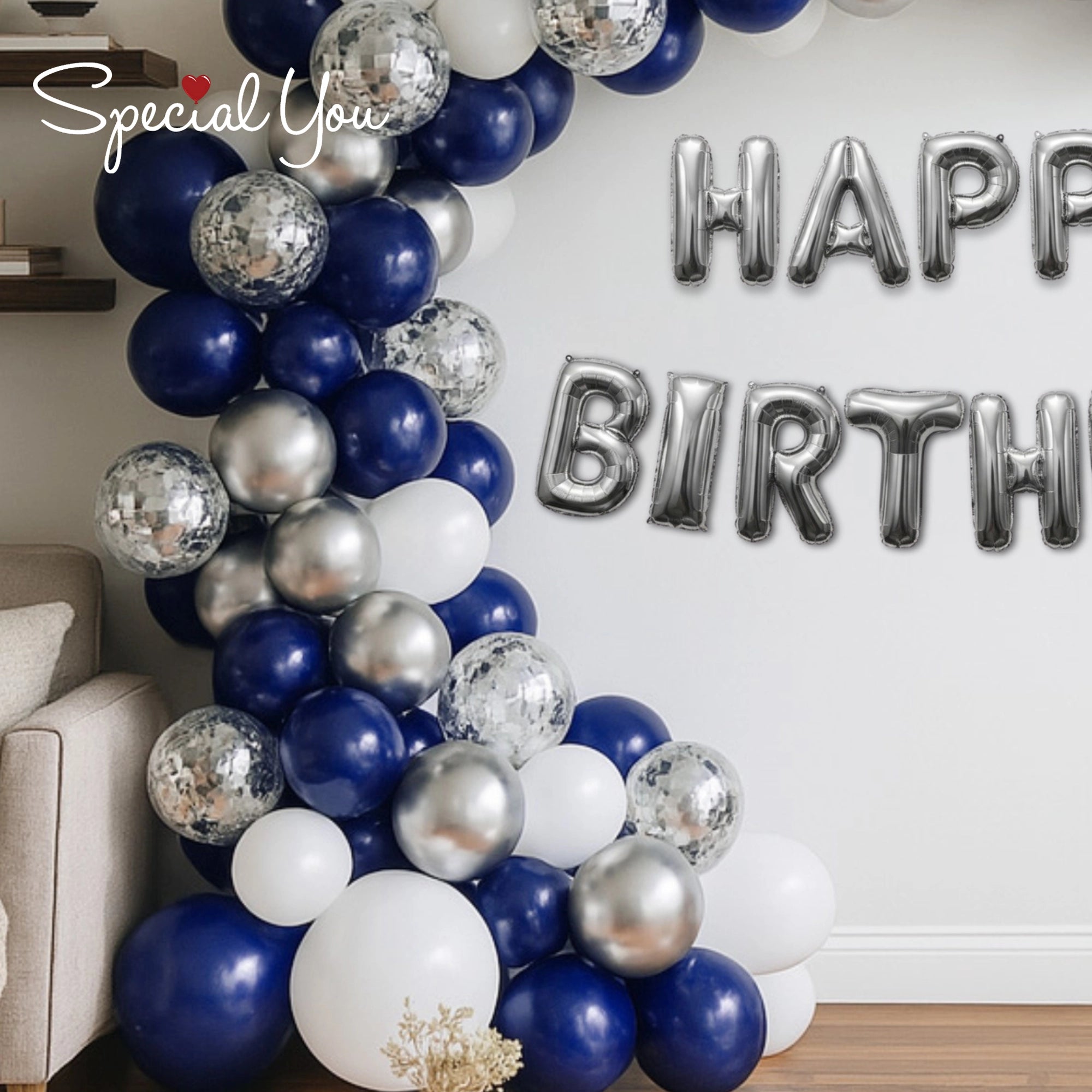 Elegant Blue & Silver Birthday Arch Decor