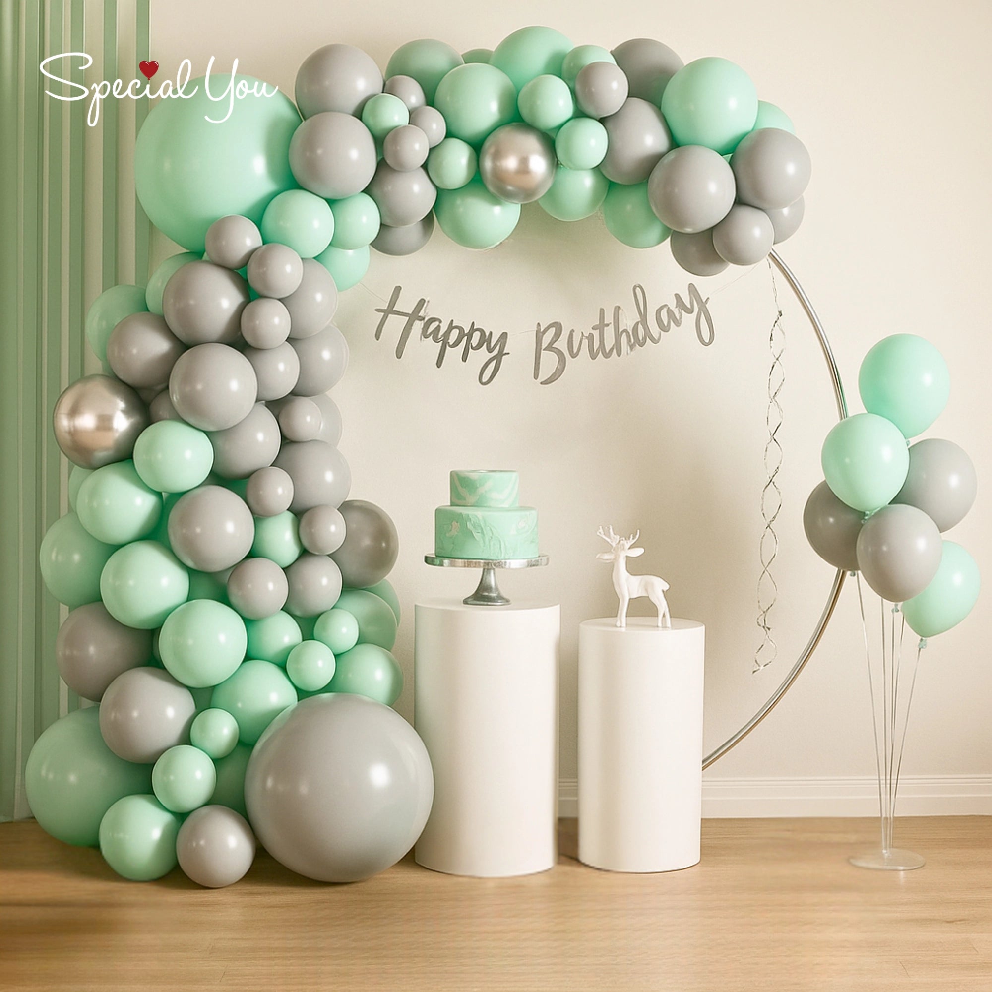 Green & Silver Balloon Arch Birthday Decor