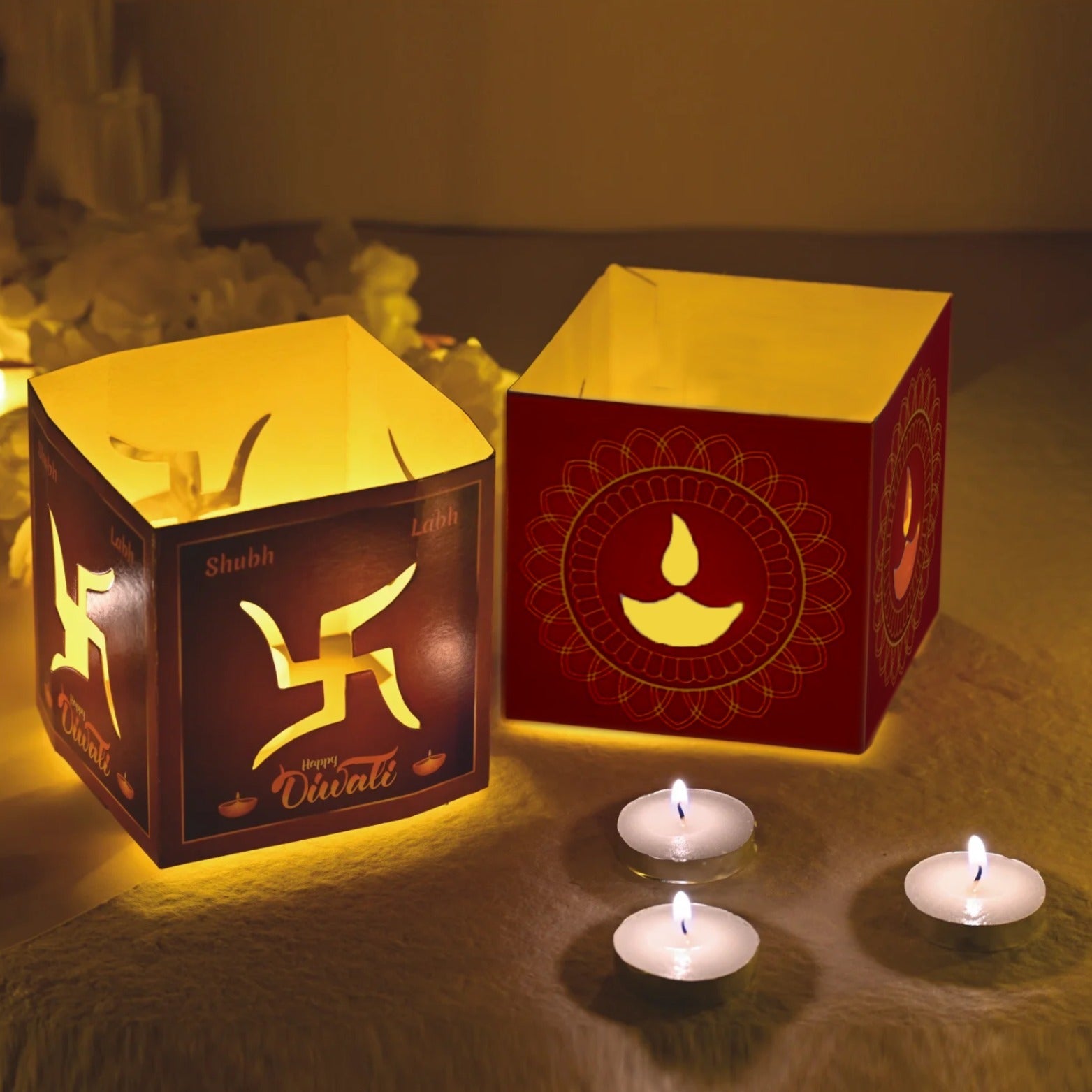 Paper Swastik & Diya Votive with Tea Light Candles for Diwali Decor