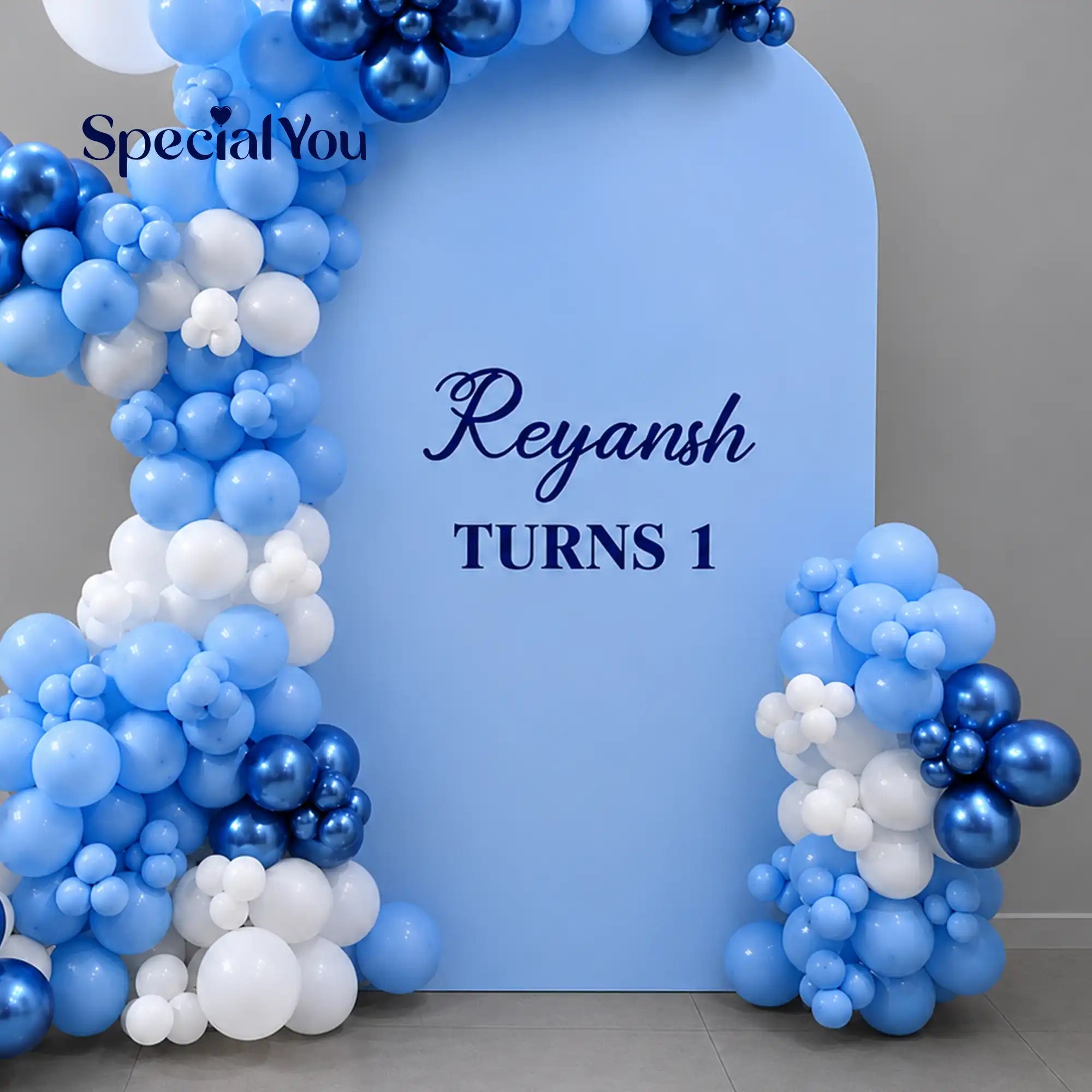 Blue and White Balloon Arch Birthday Decoration