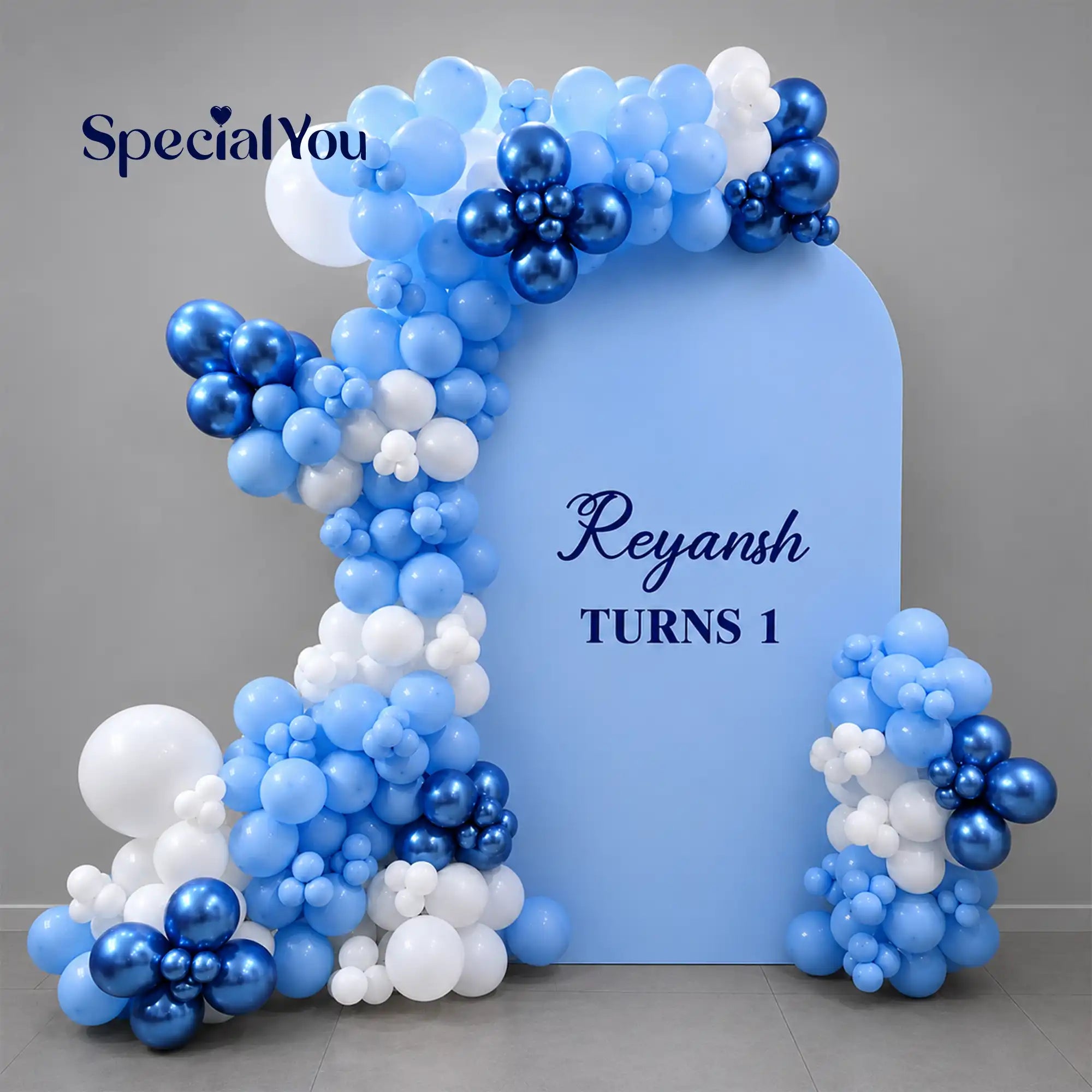 Blue and White Balloon Arch Birthday Decoration