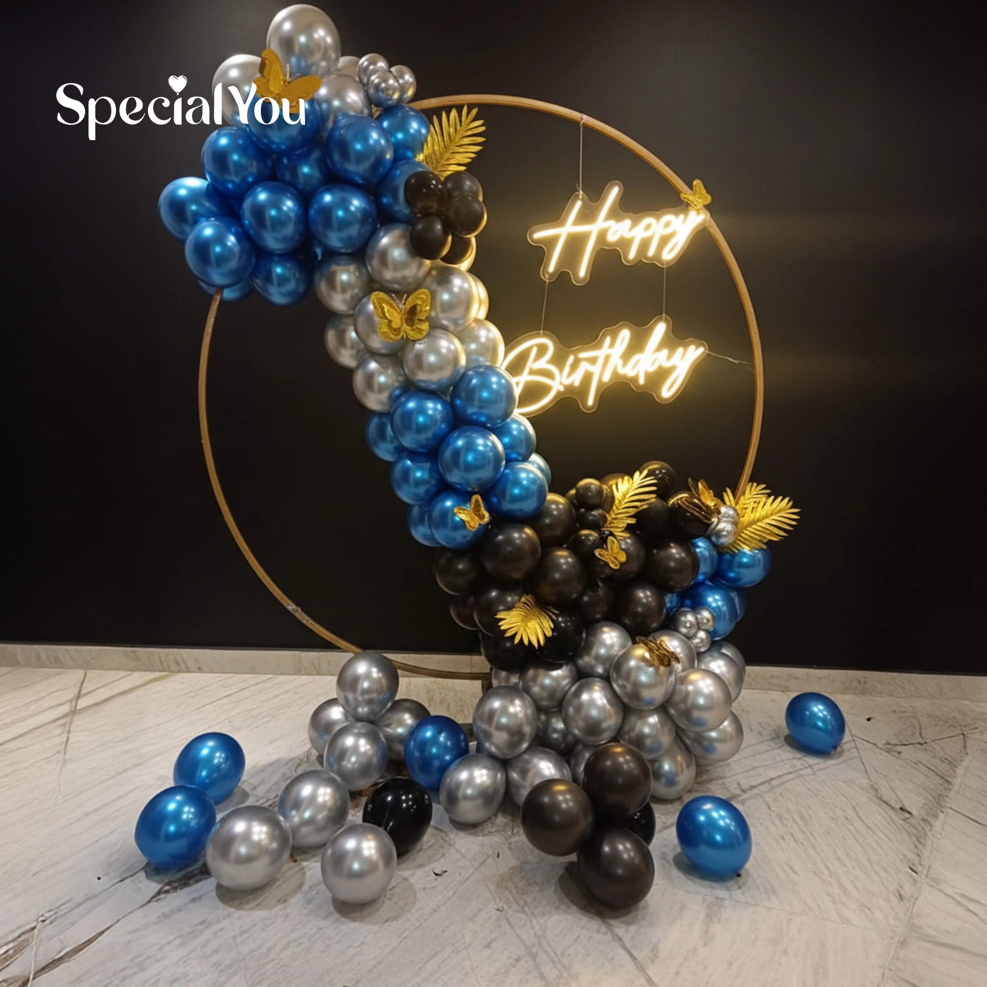 Blue & Gold Birthday Balloon Ring Backdrop Decoration