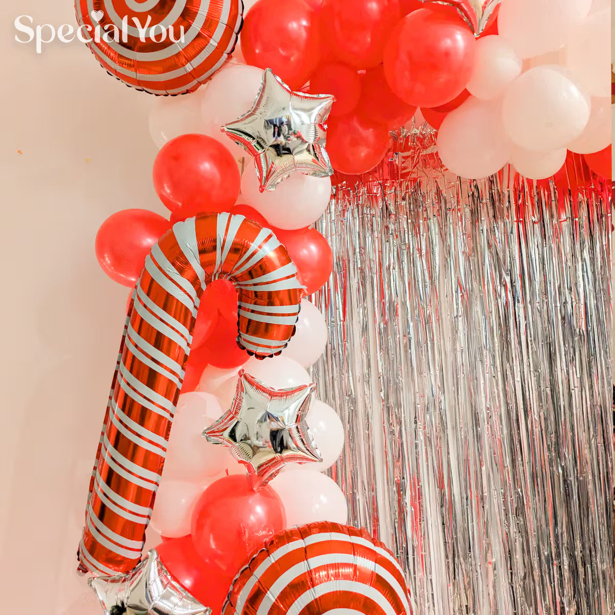 Xmas Balloon Decor with Candy Cane Arch & Silver Backdrop