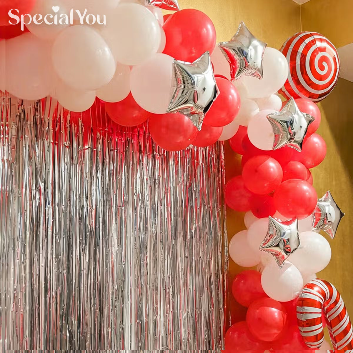 Xmas Balloon Decor with Candy Cane Arch & Silver Backdrop