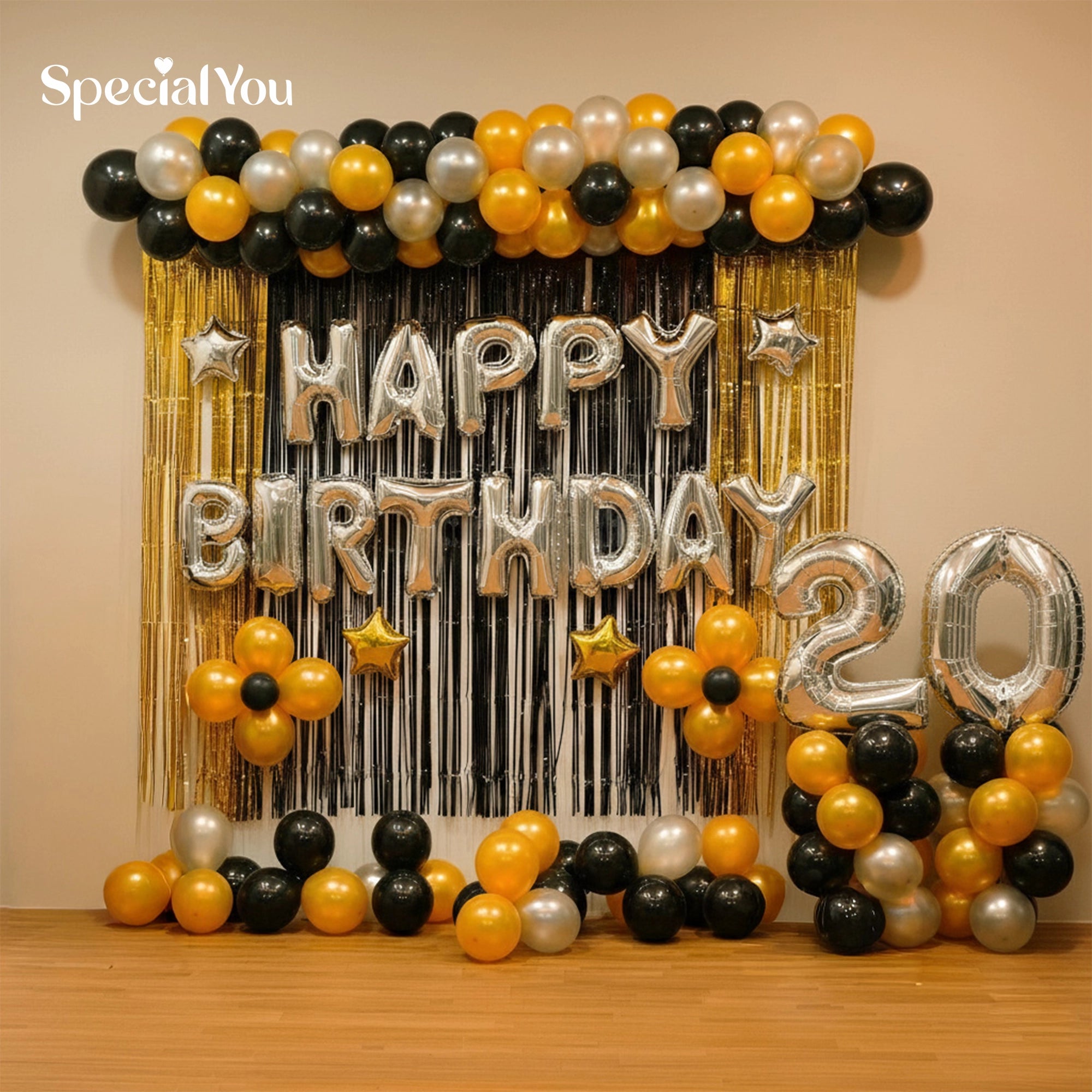 Happy Birthday Decoration in Black & Gold Balloons