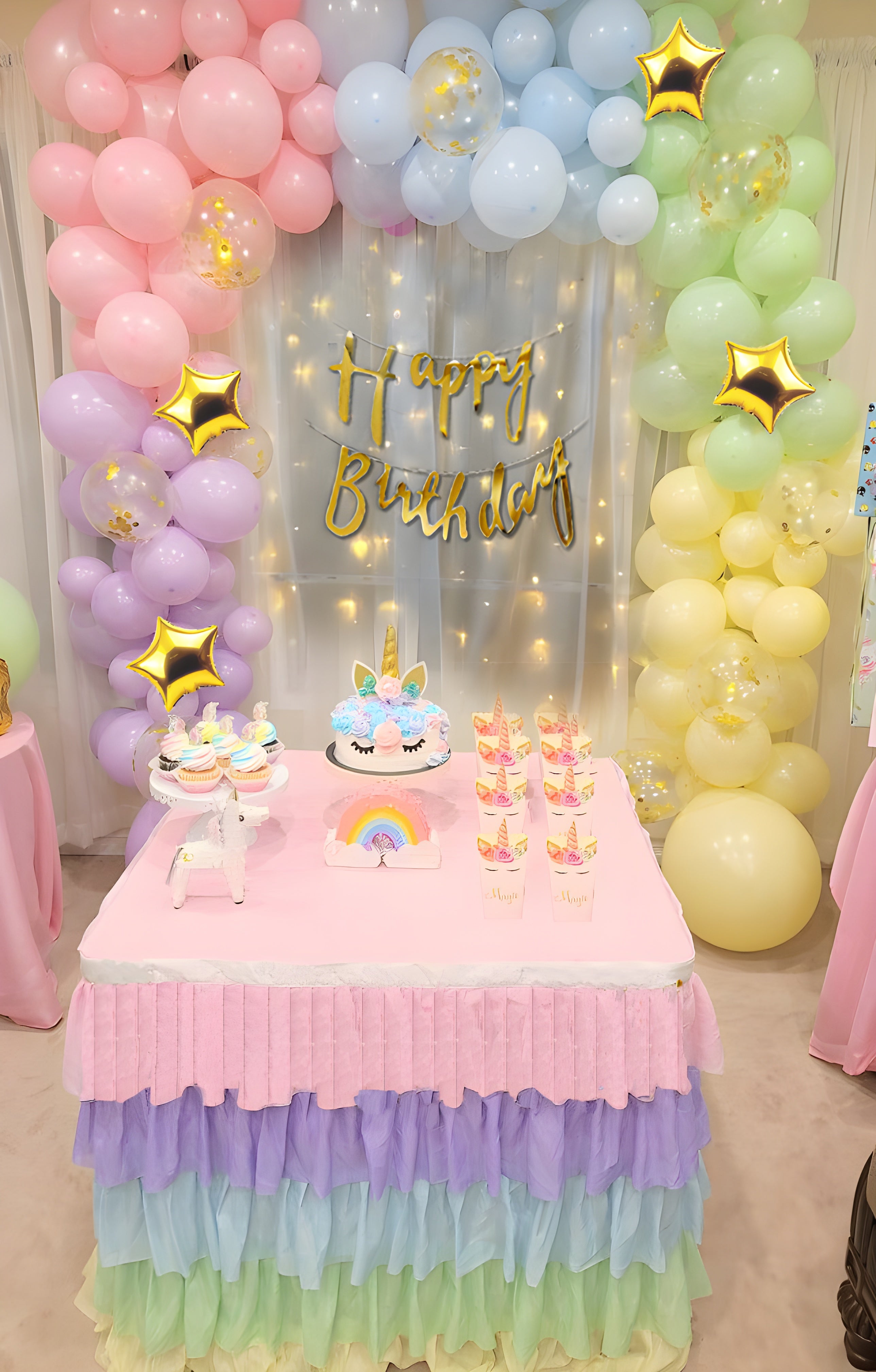 Rainbow Multi color Pastel Birthday Decorations with White Net