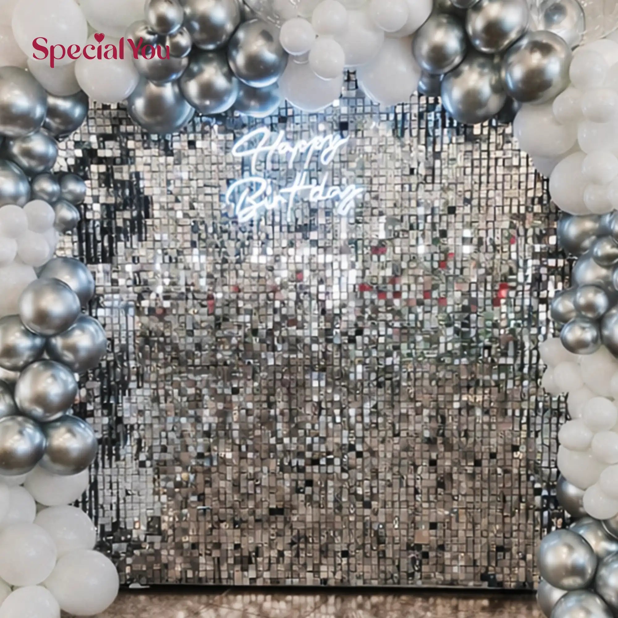 Silver White Luxury Birthday Balloon Backdrop Decoration