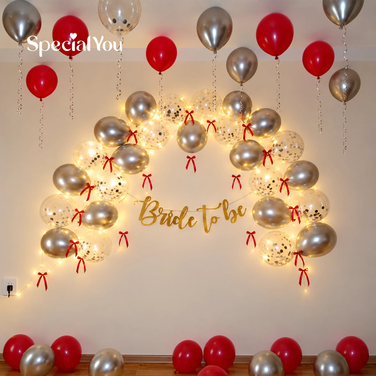 Silver Spark Red Bow Bride To Be Balloon Decoration