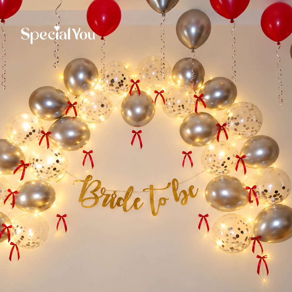 Silver Spark Red Bow Bride To Be Balloon Decoration