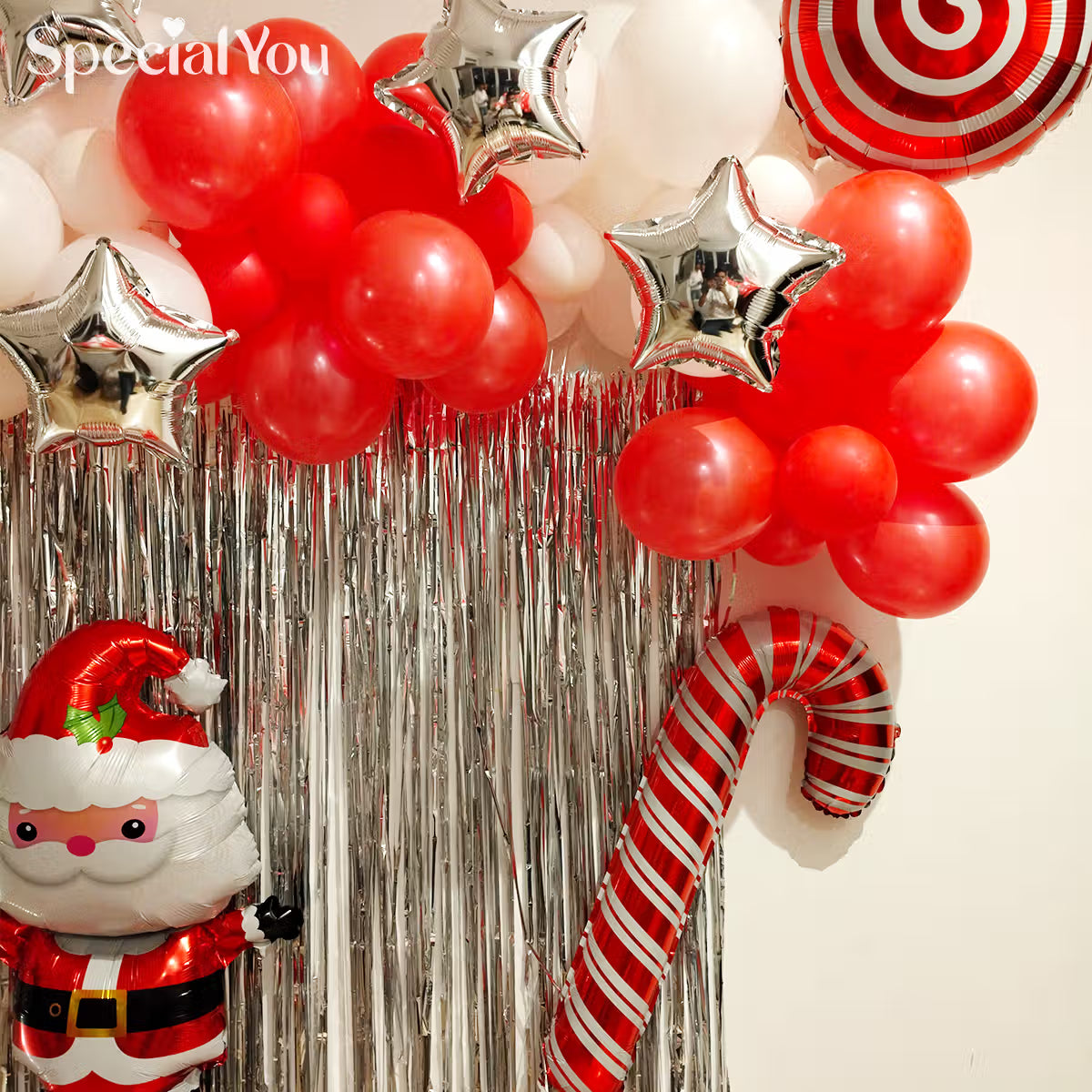 Santa Theme Christmas Balloon Backdrop with Silver Fringe