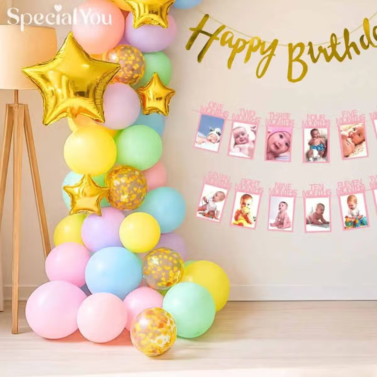 1st Birthday Balloon Decor with Golden Stars
