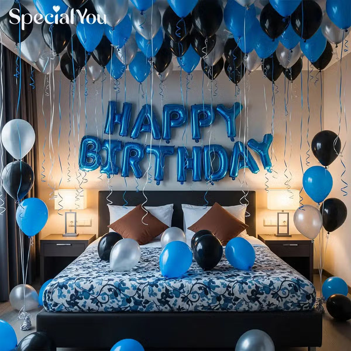 Blue & Silver Birthday Balloon Room Decor