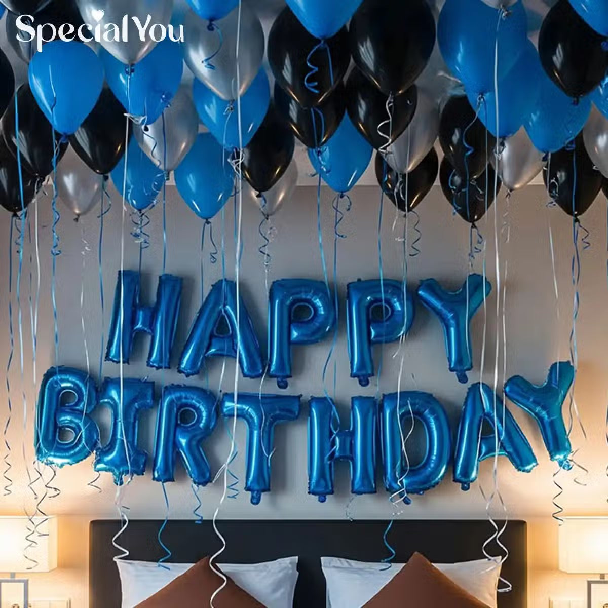 Blue & Silver Birthday Balloon Room Decor
