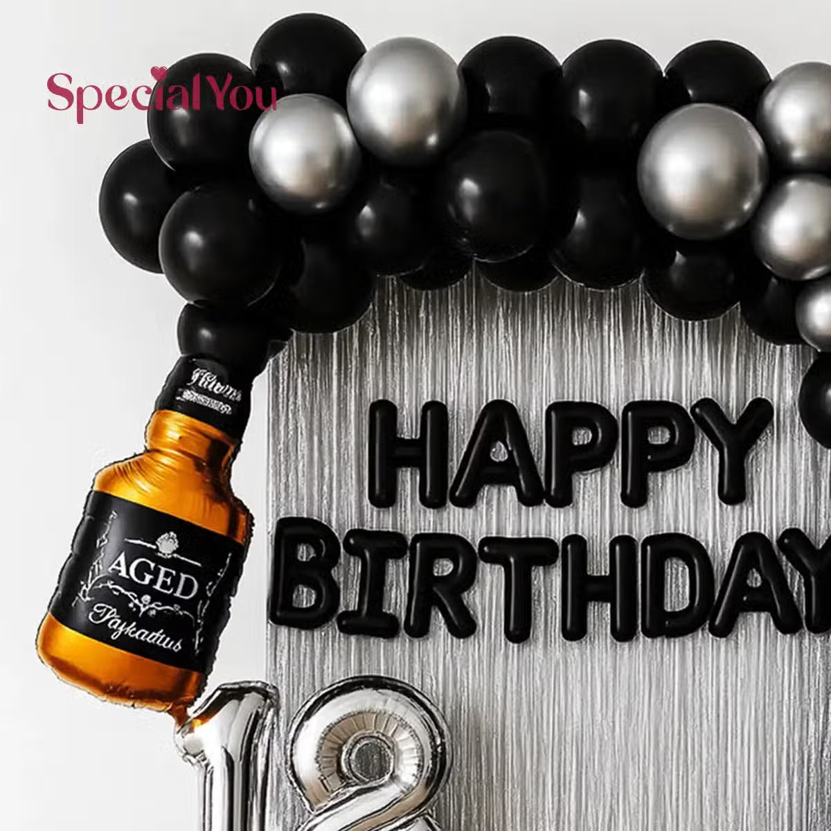 18th Birthday Black & Silver Decor with Bottle Arch