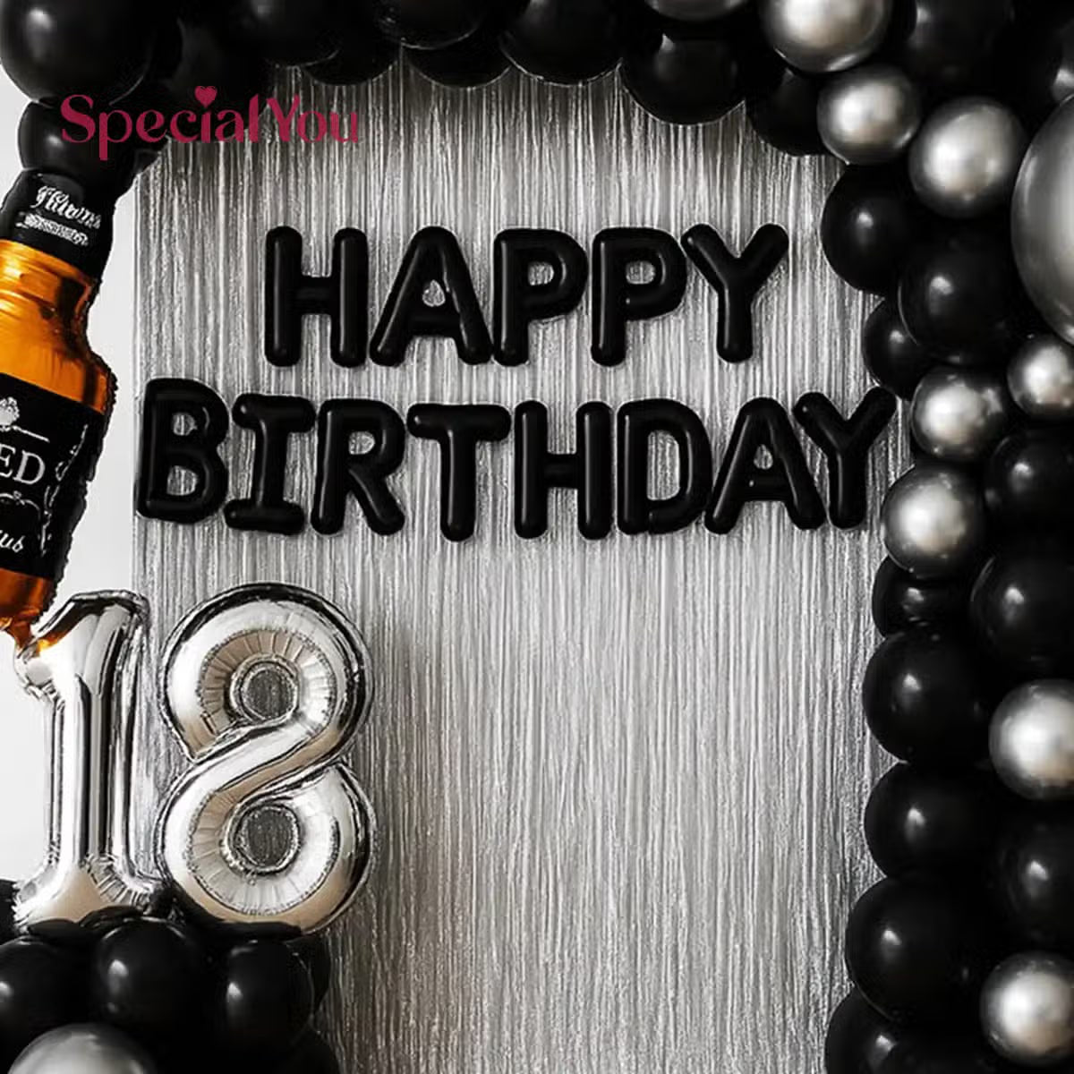 18th Birthday Black & Silver Decor with Bottle Arch