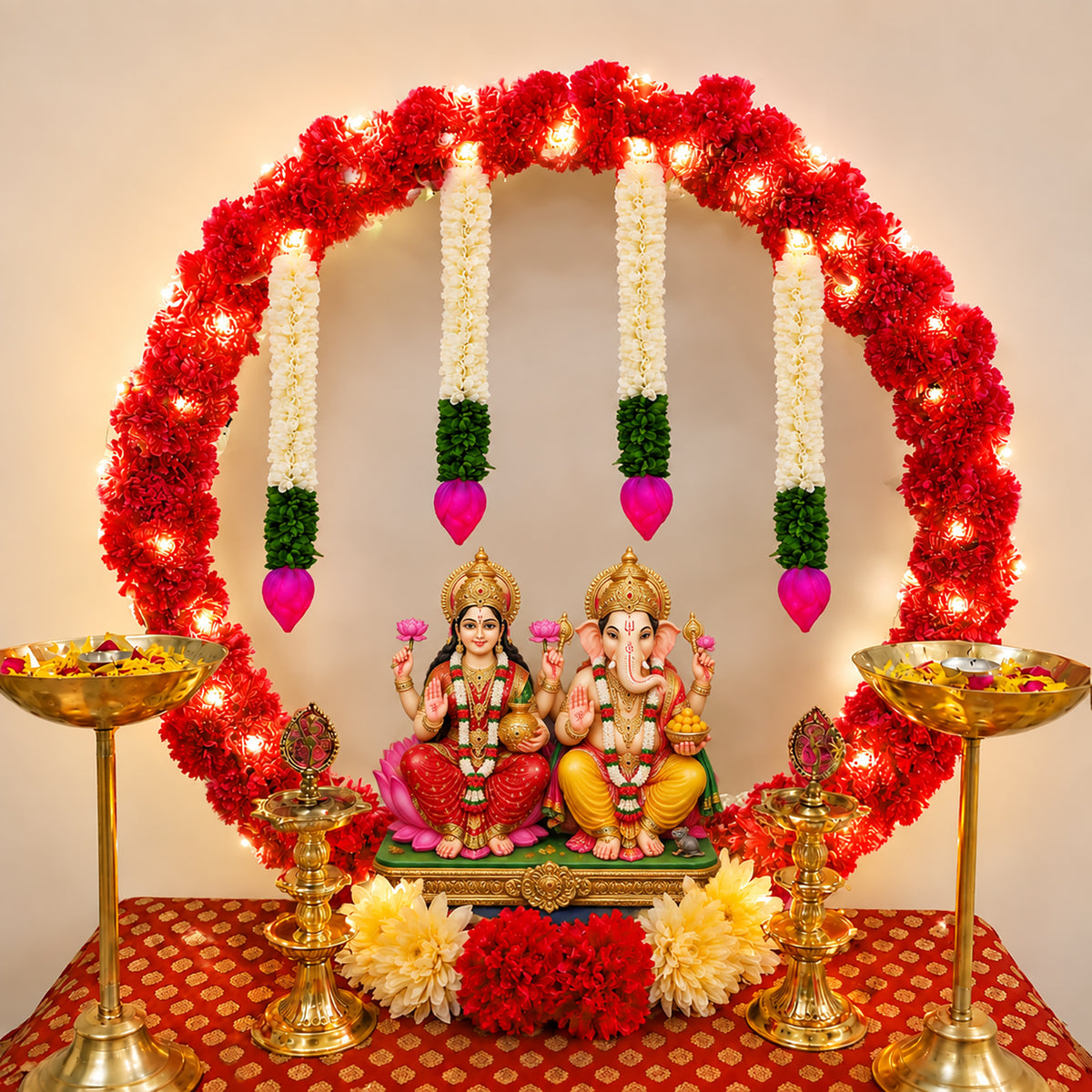 Red Marigold Ring Backdrop Decoration Kit with Lotus Bud Hangings