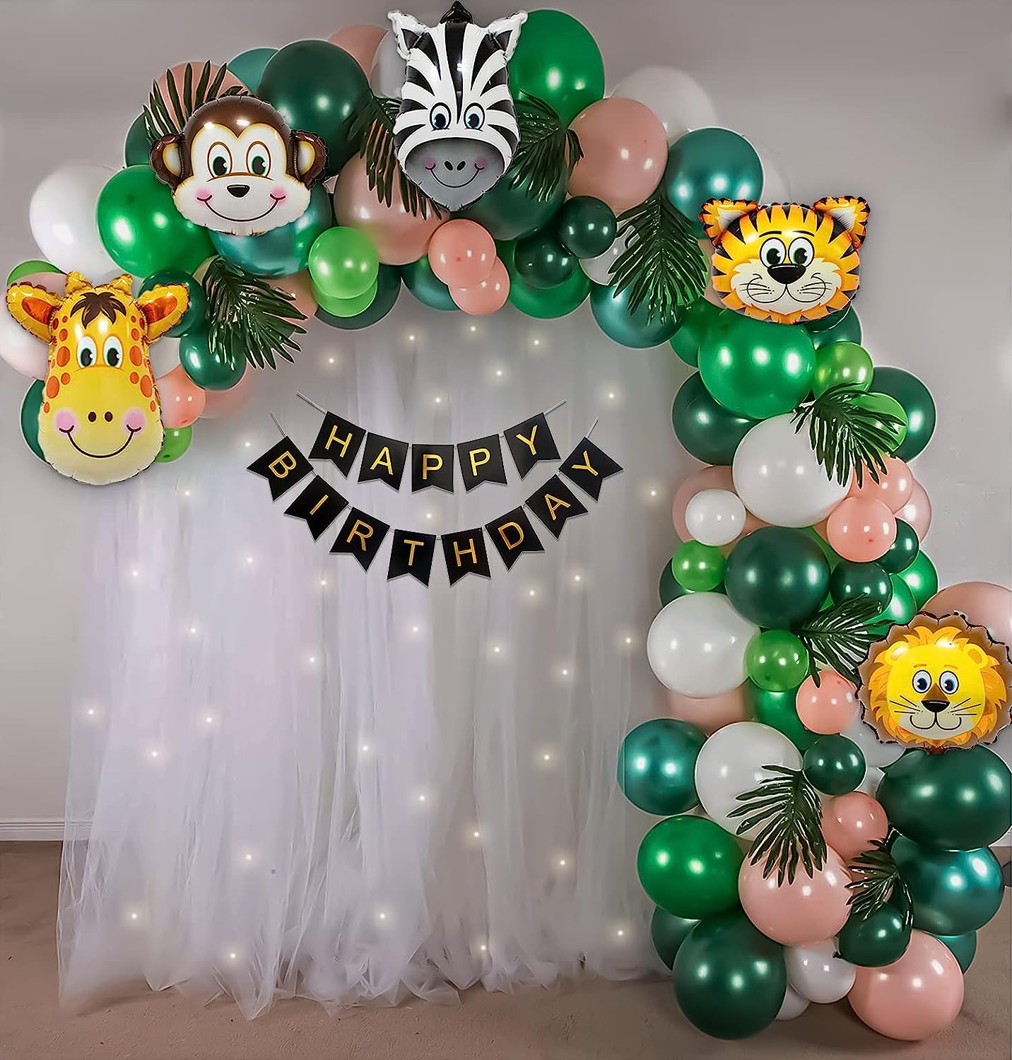 Jungle Theme DIY Birthday Decoration Items for Kids Party Décor with White Net Curtains and Fairy Lights Backdrop
