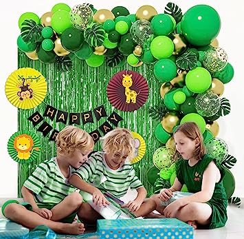 Jungle theme Happy birthday decoration items for boys with Green foil curtain