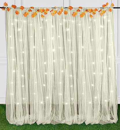 Aesthetic Room Décor White Sheer Curtains with Fairy Lights and Autumn Leaves Vines