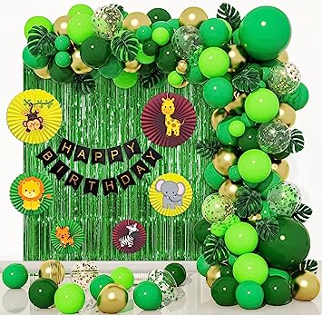 Jungle theme Happy birthday decoration items for boys with Green foil curtain