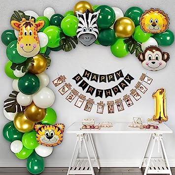Jungle theme 1st happy birthday decoration item for kids with green and white balloons