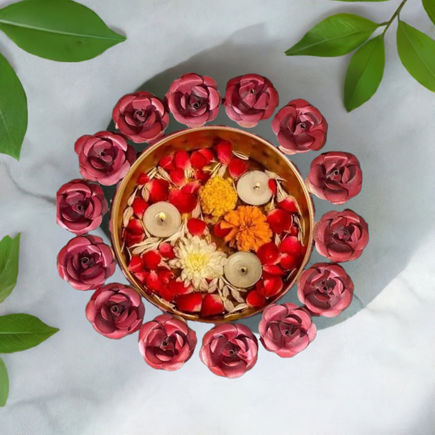 Red Rose Bowl Urli with Tea Light Candles for Diwali Home Decor