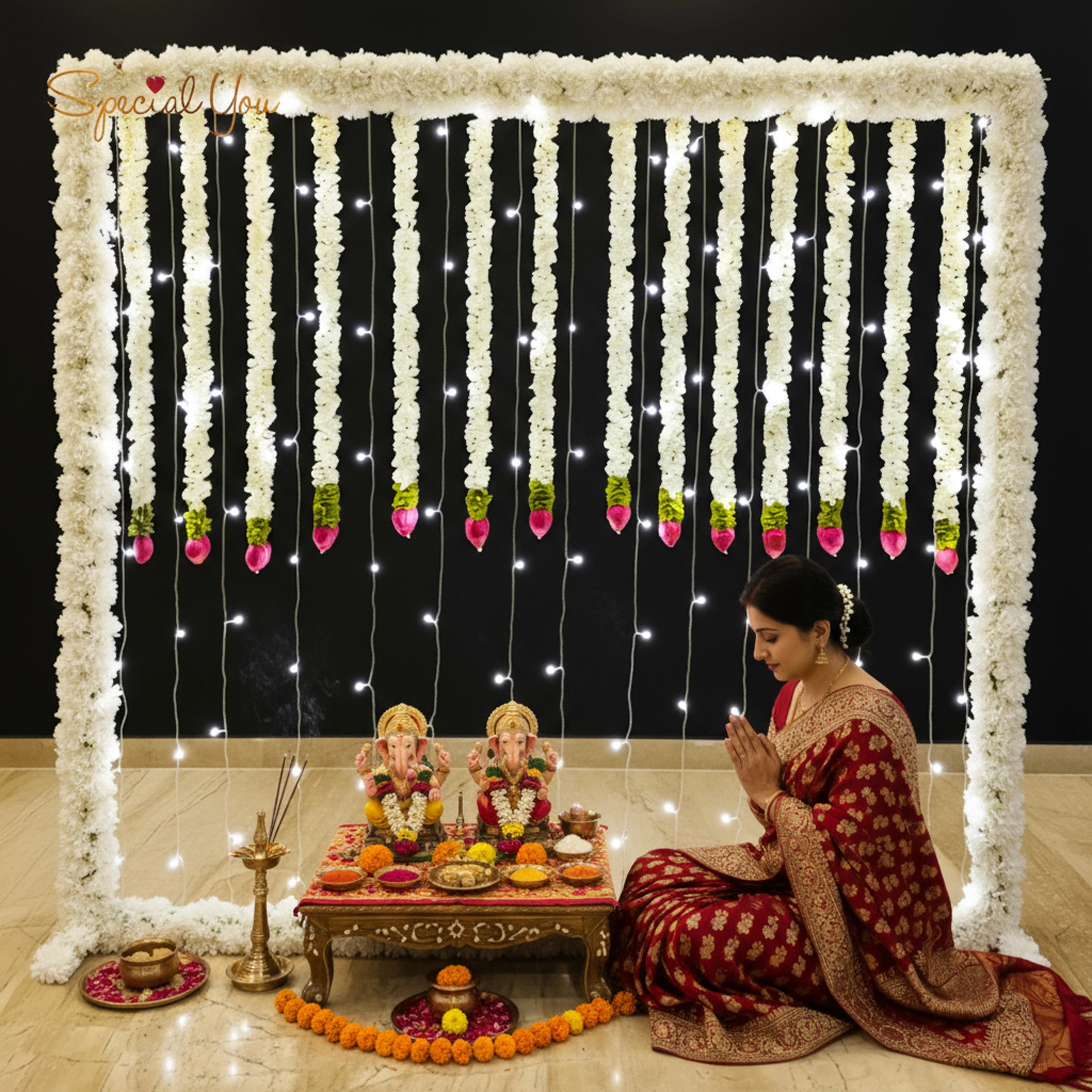 White Garland & Light Backdrop Decor